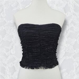 Chic Black Lace Ruched Strapless Top